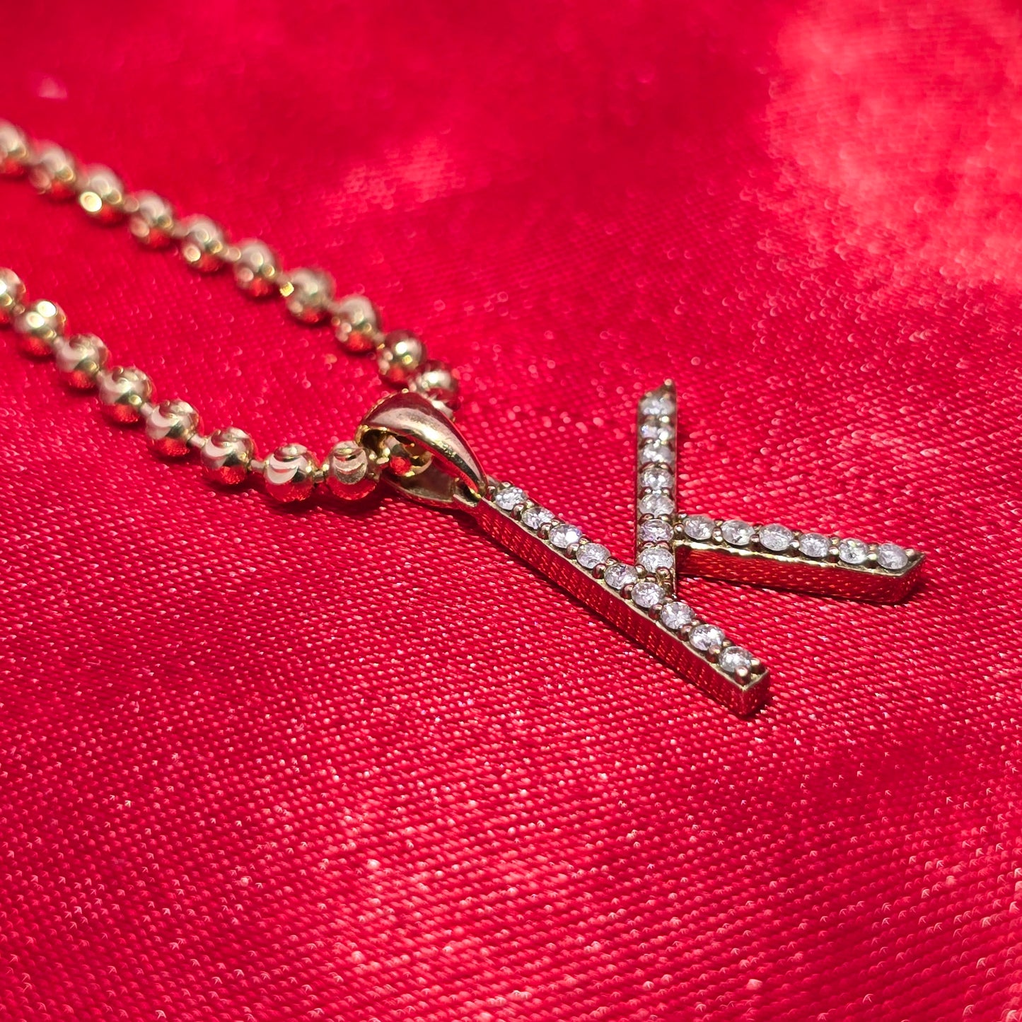 10K Yellow Gold Diamond "K" Initial Pendant Necklace with Moon Cut Chain – 1/8 CTW
