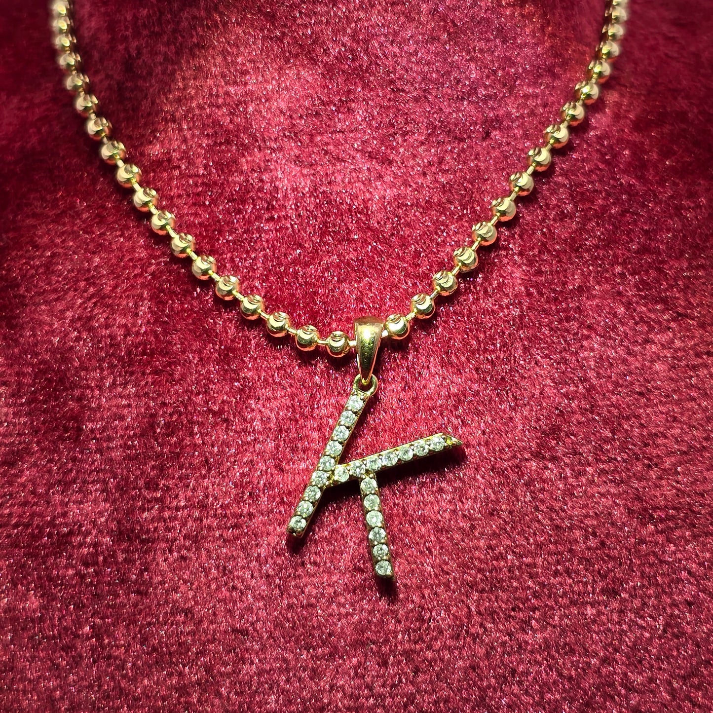 10K Yellow Gold Diamond "K" Initial Pendant Necklace with Moon Cut Chain – 1/8 CTW