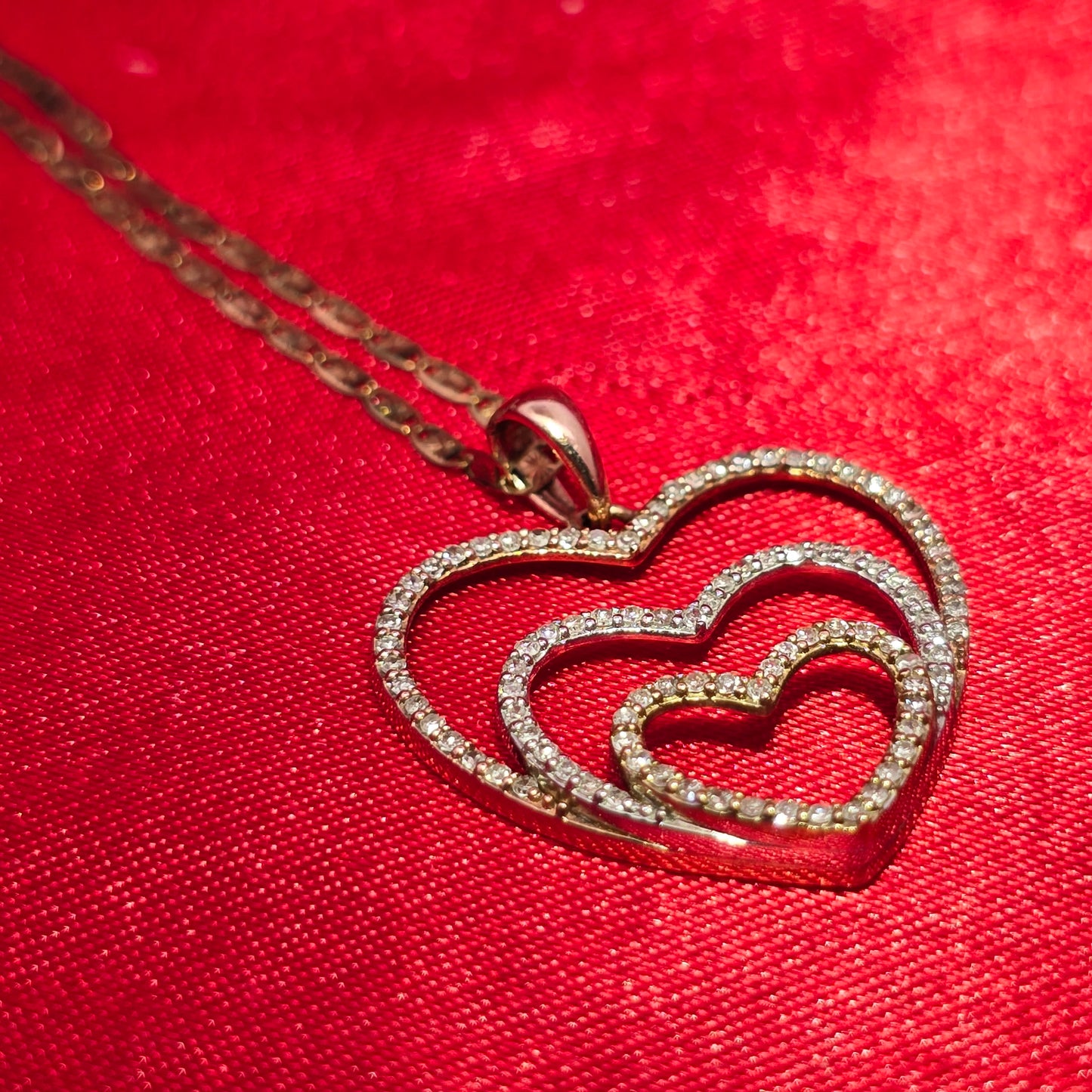 10K Tri-Color Gold Diamond Double Heart Pendant Necklace with Link Chain – 0.50 CTW