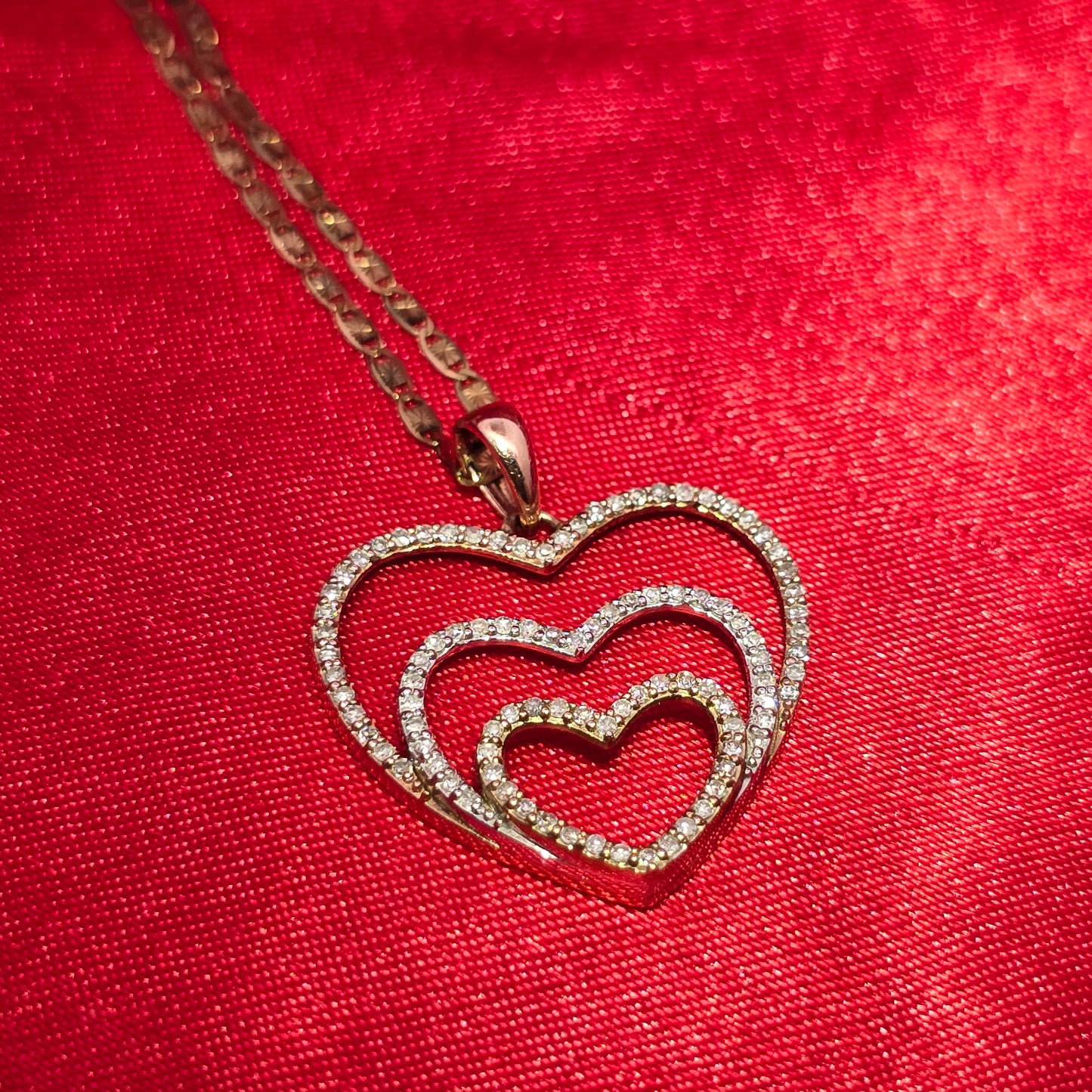 10K Tri-Color Gold Diamond Double Heart Pendant Necklace with Link Chain – 0.50 CTW