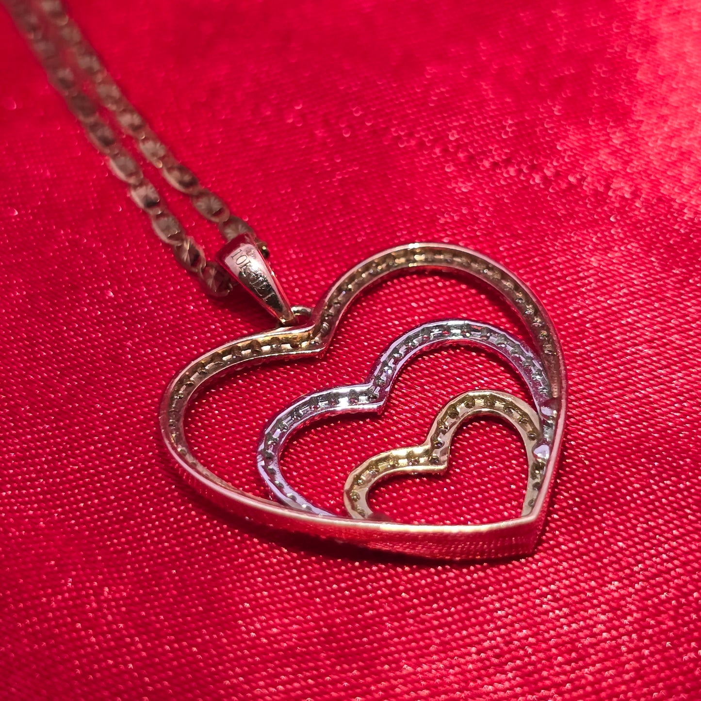 10K Tri-Color Gold Diamond Double Heart Pendant Necklace with Link Chain – 0.50 CTW
