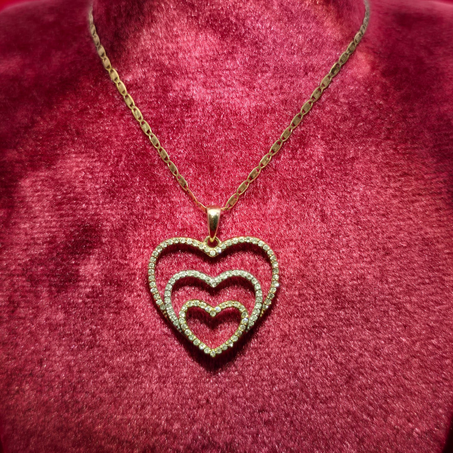 10K Tri-Color Gold Diamond Double Heart Pendant Necklace with Link Chain – 0.50 CTW