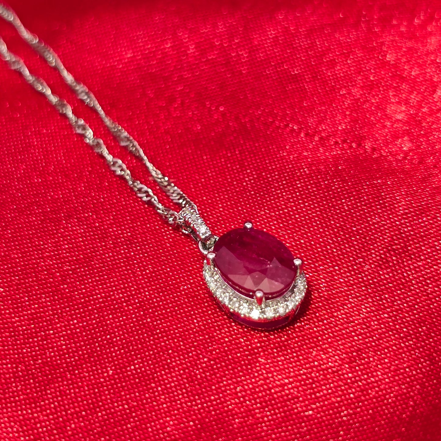 14K White Gold Diamond Ruby Oval Pendant Necklace | July Birthstone 1/8 CTW