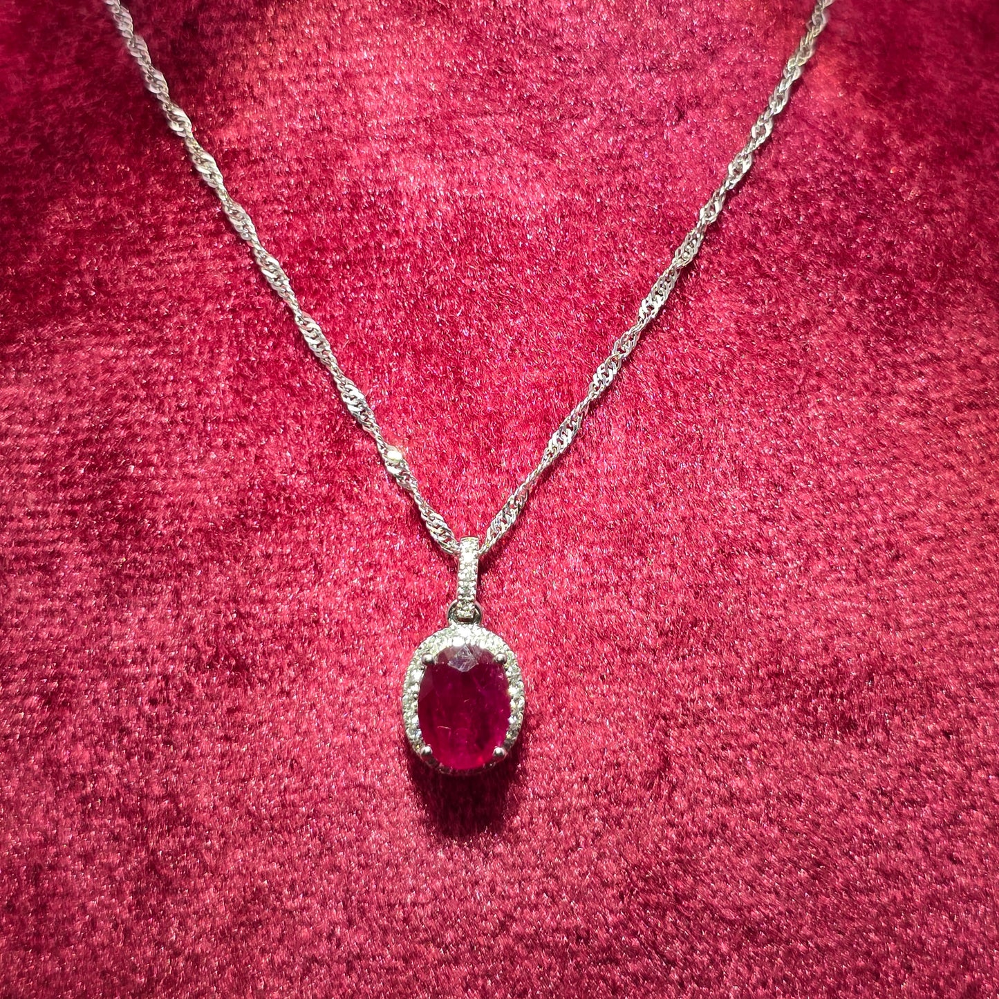14K White Gold Diamond Ruby Oval Pendant Necklace | July Birthstone 1/8 CTW