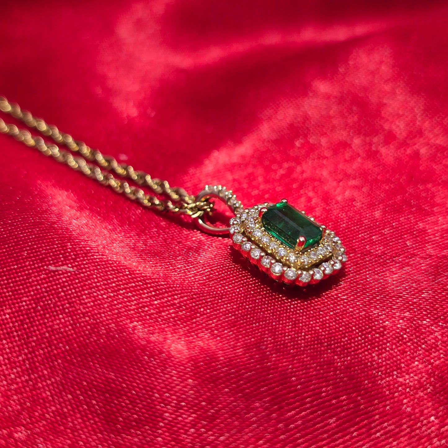 14K Yellow Gold Diamond Emerald Pendant Necklace for Women | 1/3 CTW