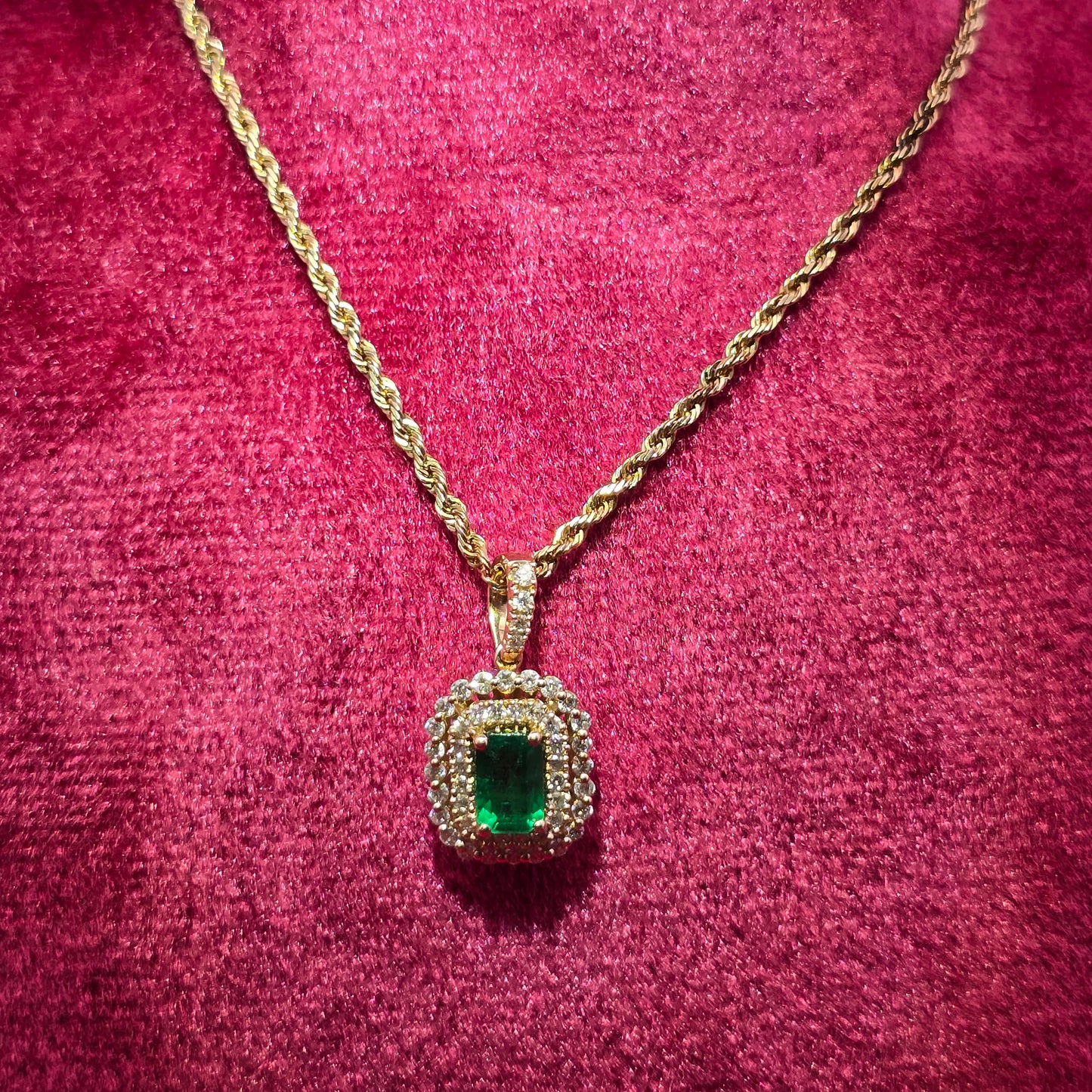 14K Yellow Gold Diamond Emerald Pendant Necklace for Women | 1/3 CTW