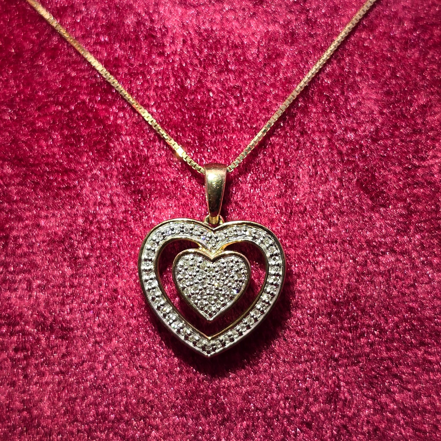 10K Yellow Gold Diamond Double Heart Pendant With Box Chain | 0.20 CTW