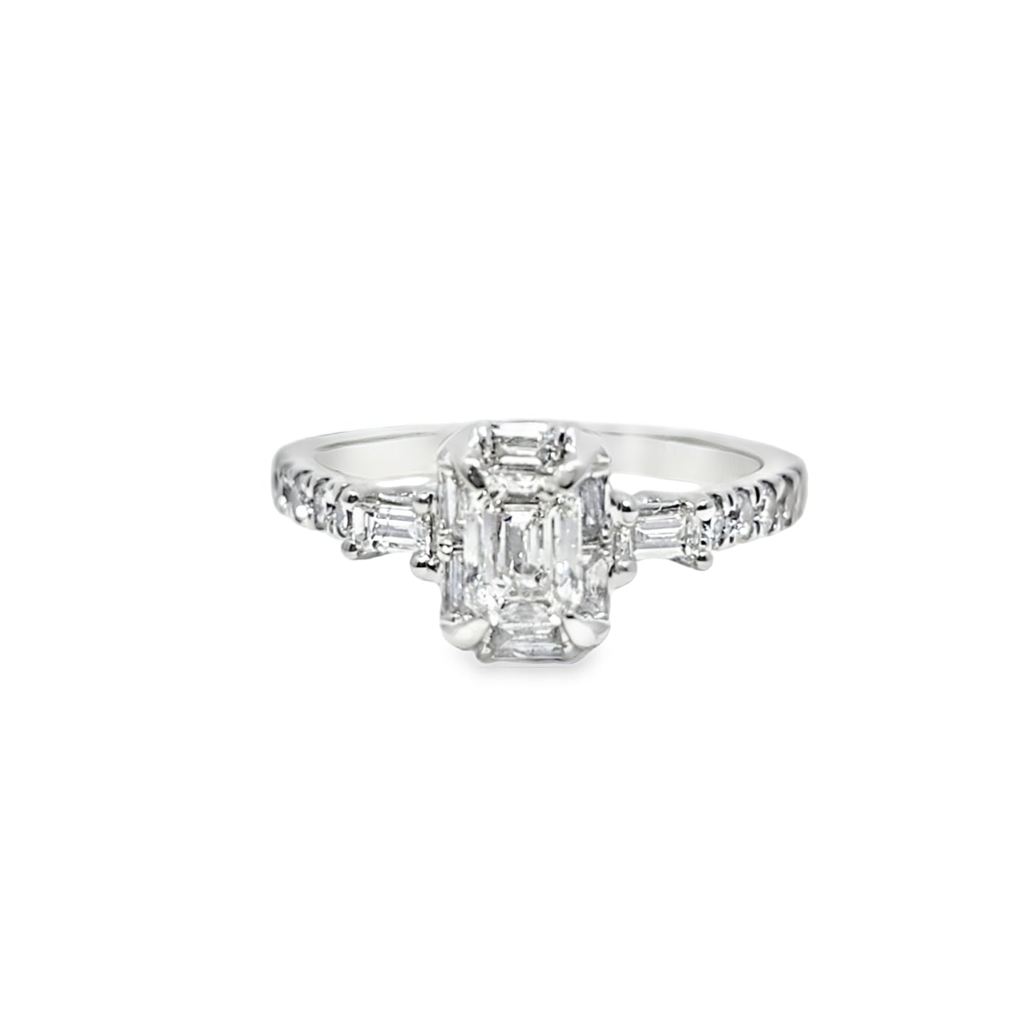 14k White Gold Diamond Ring with Emerald Cut Solitaire 1.00 ctw Overall