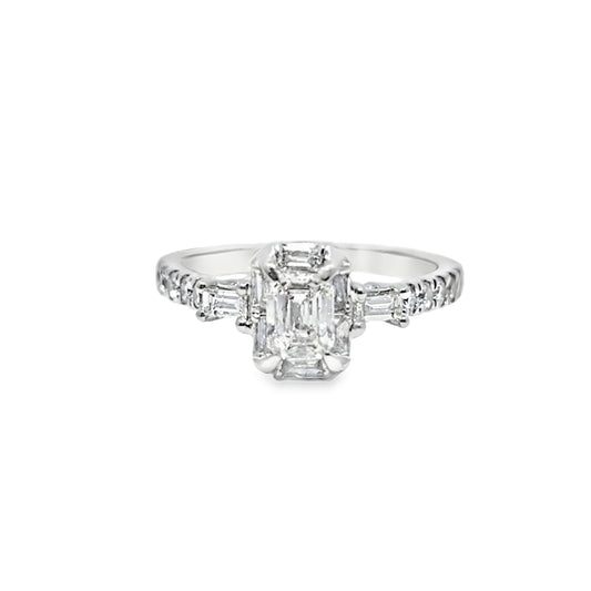 14k White Gold Diamond Ring with Emerald Cut Solitaire 1.00 ctw Overall
