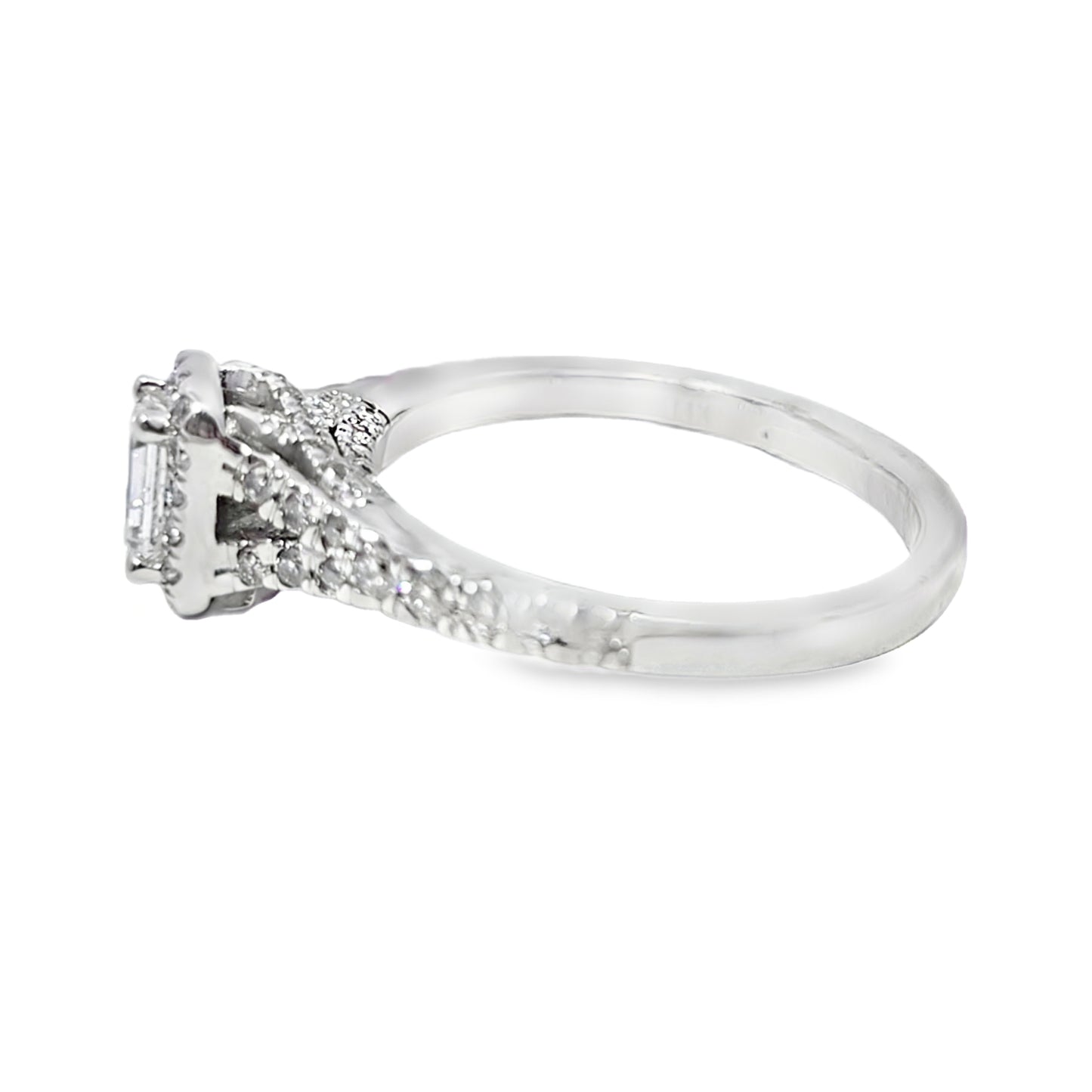 14k White Gold Diamond Engagement Ring with Emerald Cut Center Stone 0.75 ctw Overall