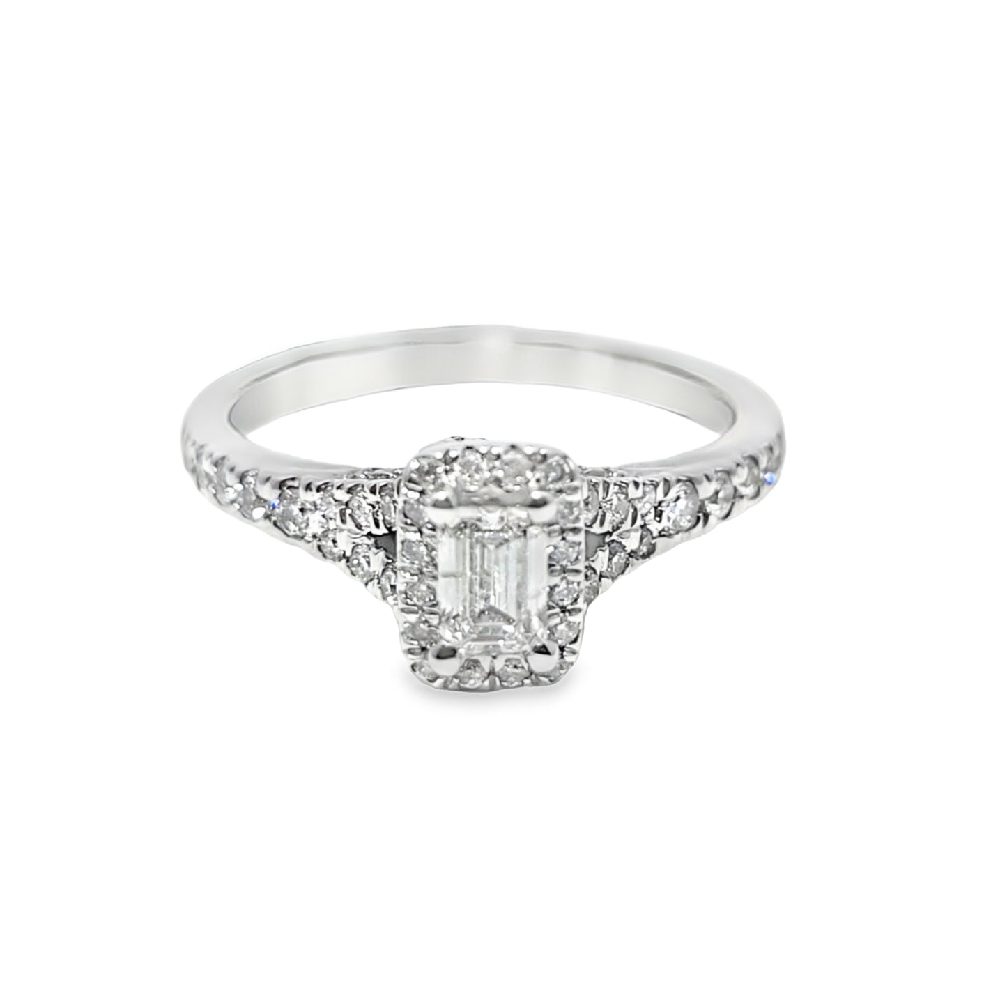 14k White Gold Diamond Engagement Ring with Emerald Cut Center Stone 0.75 ctw Overall