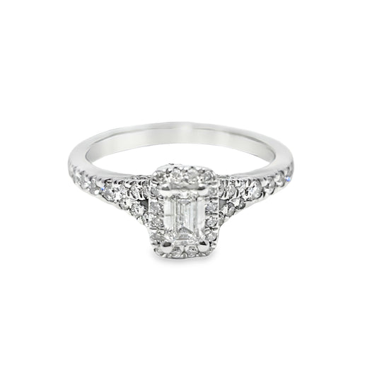 14k White Gold Diamond Engagement Ring with Emerald Cut Center Stone 0.75 ctw Overall