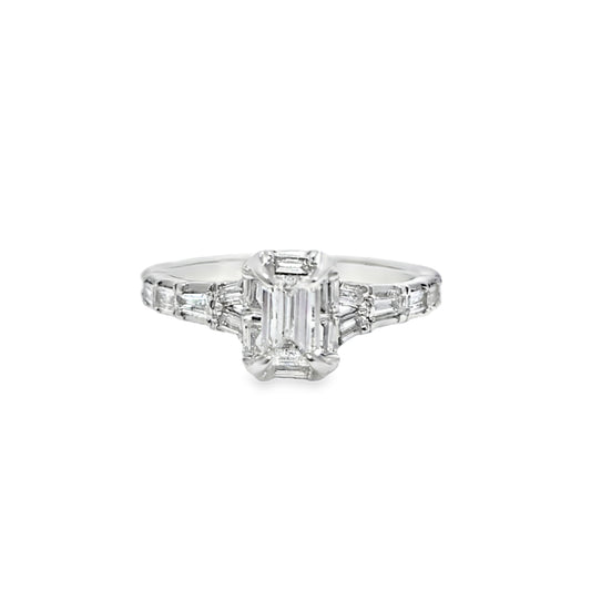 14k White Gold Diamond Ring with Emerald Soliatire Diamond 1.00 ctw Overall