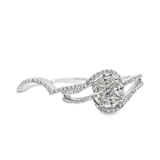 18k White Gold Diamond Flower-Set Princess Center Ring 1.50 ctw