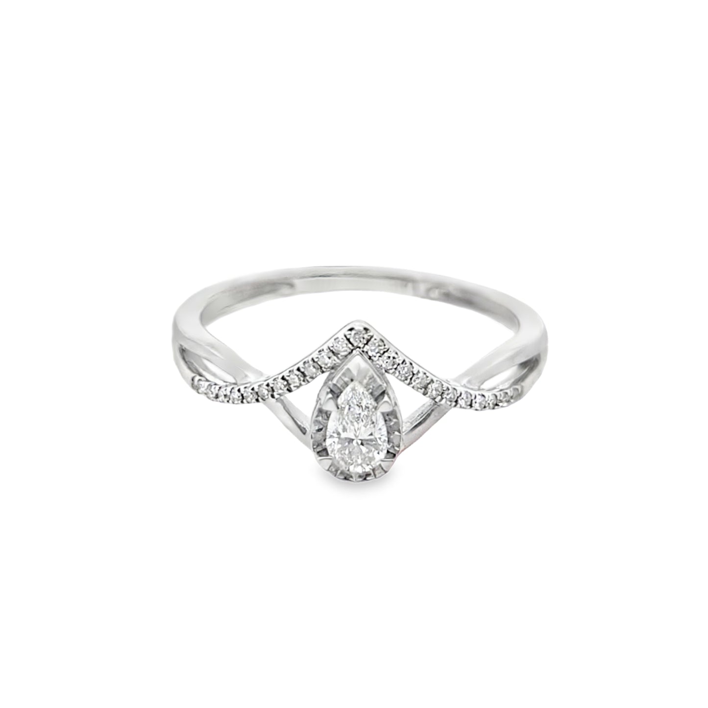 14K White Gold Pear Cut Diamond V-Shaped Engagement Ring 0.23 CTW