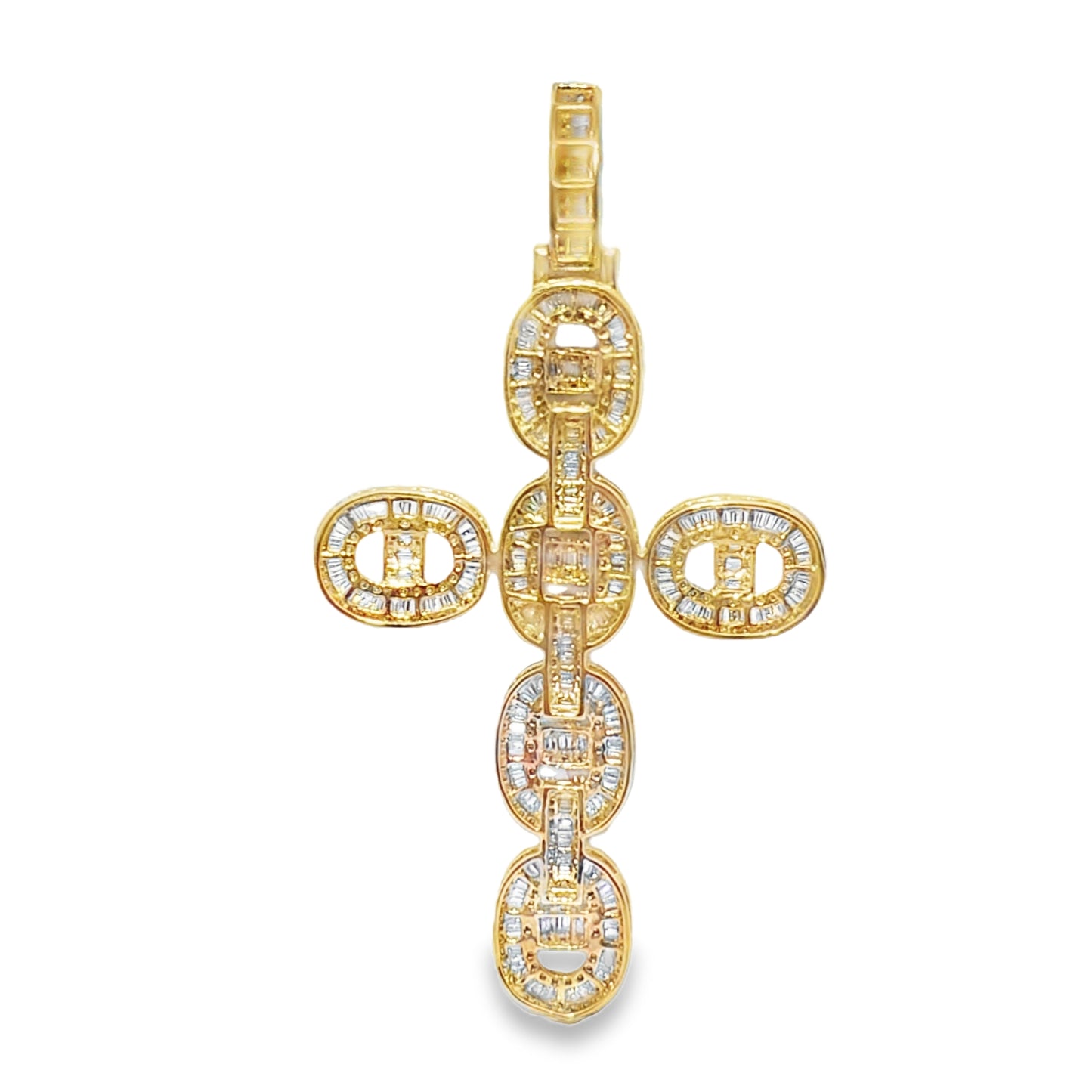 10K Yellow Gold Oval Diamond Cross Pendant 5.0 ctw | Iced Out Statement Faith Necklace