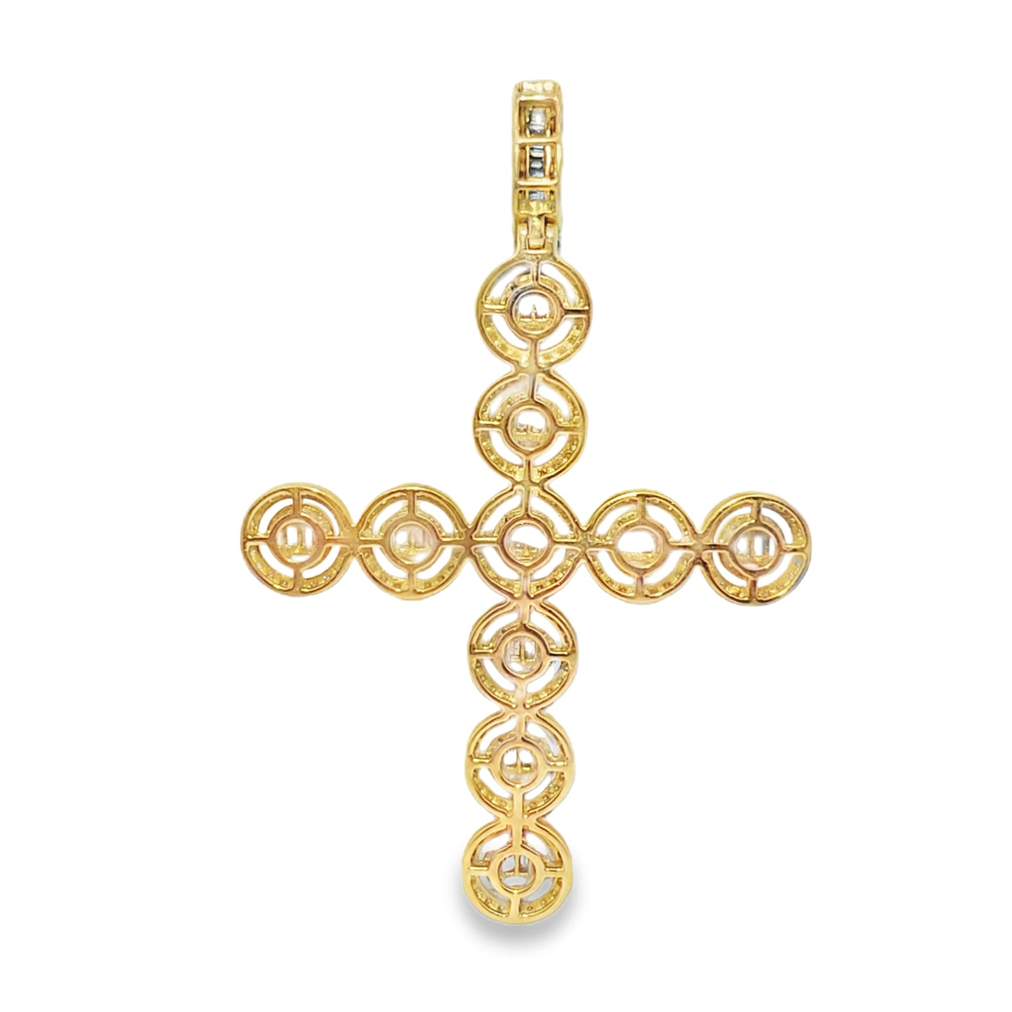 10K Yellow Gold Diamond Cross Pendant 4.0 ctw | Round & Baguette Cut Iced Out Cross Necklace