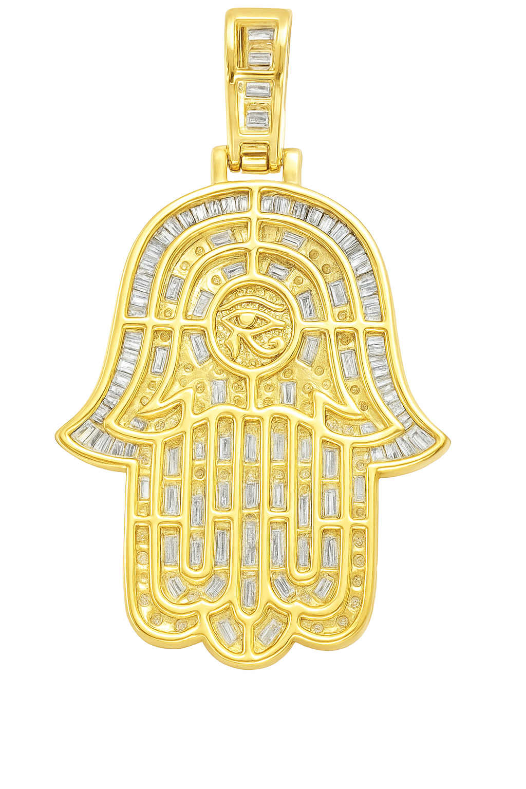 10K Yellow Gold Diamond Hamsa Pendant 4.50 ctw | Eye of Horus Baguette & Round Diamond Charm