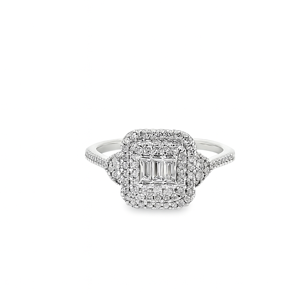 14K White Gold Diamond Square Cut Cluster Ring 0.49 ctw | Baguette & Round Halo Design – Jewelry Palace