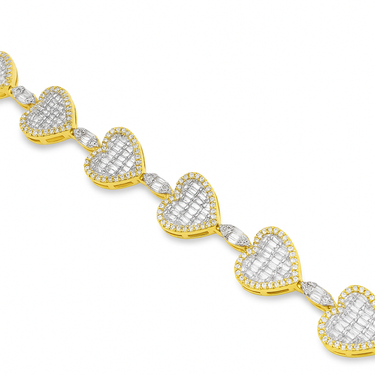 10K Yellow Gold Women’s Baguette Heart Marquise Link Diamond Bracelet 2.35 ctw – 7" Elegant Design | Jewelry Palace