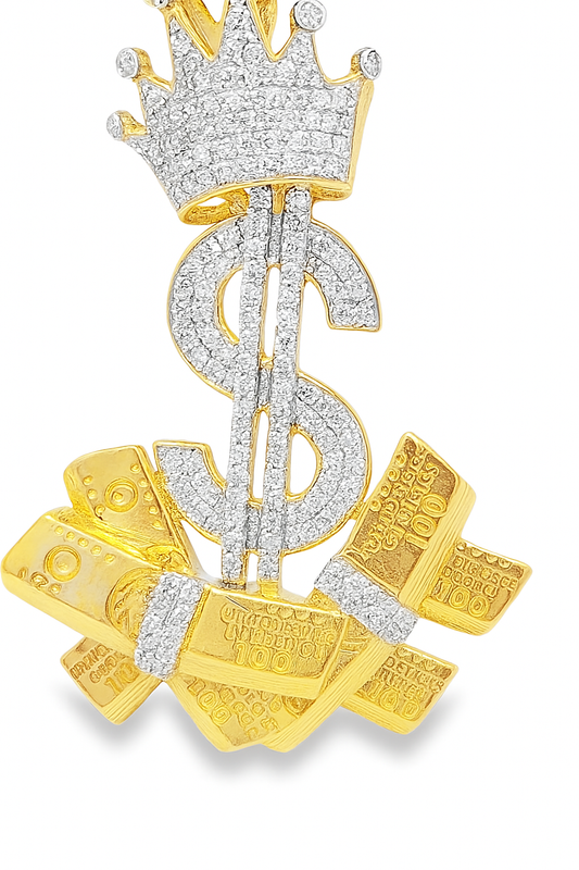 10K Yellow Gold Diamond Dollar Sign Pendant 3/4 ctw – Money Bag & Crown Design | Jewelry Palace