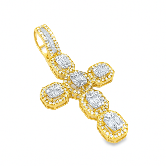 10K Yellow Gold Diamond Cross Pendant with Baguette-Cut Diamonds 2.00 ctw