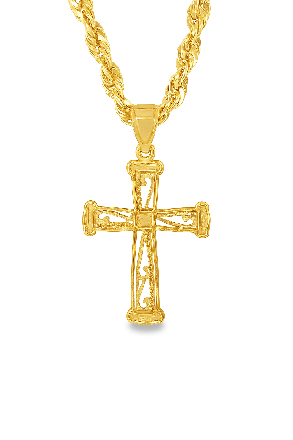 10K Yellow Gold Cross Charm Pendant Necklace | Two-Tone Accent with Rope Chain | Jewelry Palace