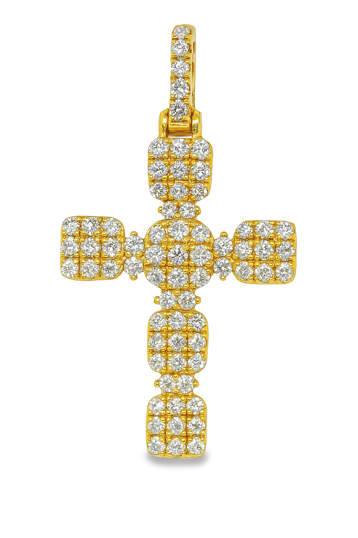 10K Yellow Gold Diamond Cross Pendant 1.60 ctw | Cluster-Set Round Diamonds
