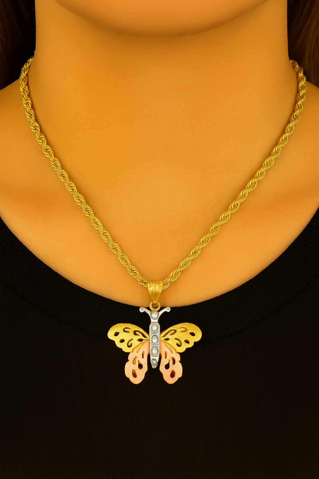 10K Tri-Color Gold Butterfly Pendant Necklace Set – Symbol of Beauty & Transformation | Jewelry Palace