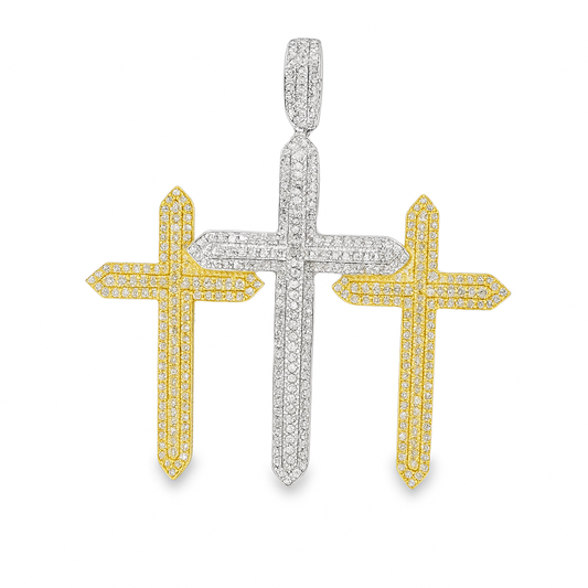 10K Yellow Gold Diamond Triple Cross Pendant 3.0 ctw | Round Cut Pave Set Iced-Out Pendant