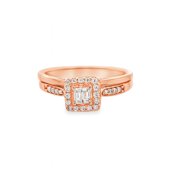 10K Rose Gold Diamond Halo Bridal Engagement Ring Petite Set 0.20 CTW