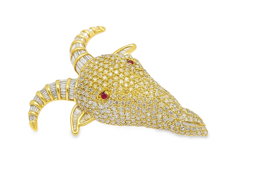 10K Yellow Gold Diamond and Ruby Goat Head Pendant 6.00 ctw