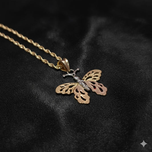 10K Two Tone Gold Butterly Pendant With 20" 10K Gold Rope Chain