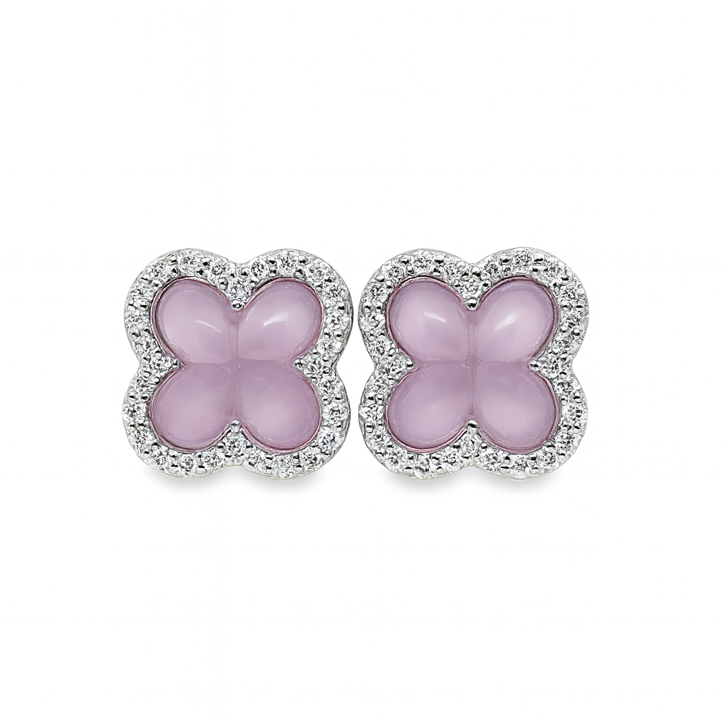 10K White Gold Diamond Four-Leaf Clover Stud Earrings with Rose Quartz 0.75 CTW | Jewelry Palace