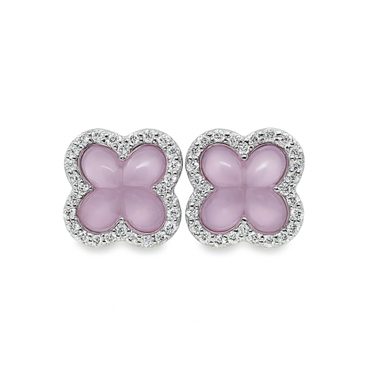 10K White Gold Diamond Four-Leaf Clover Stud Earrings with Rose Quartz 0.75 CTW | Jewelry Palace