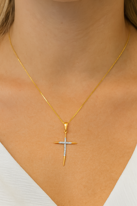 10K Yellow Gold Diamond Cross Charm Necklace Petite Faith Pendant 0.10 CTW