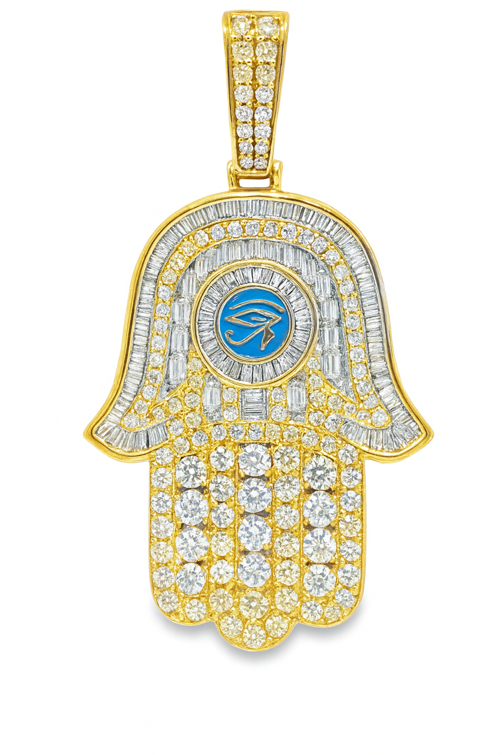 10K Yellow Gold Diamond Hamsa Pendant 4.50 ctw | Eye of Horus Baguette & Round Diamond Charm