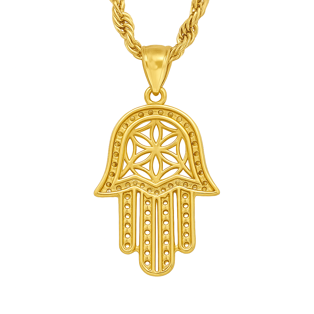 10K Yellow Gold Hamsa Hand Pendant Necklace Set – Symbol of Protection & Luck | Jewelry Palace