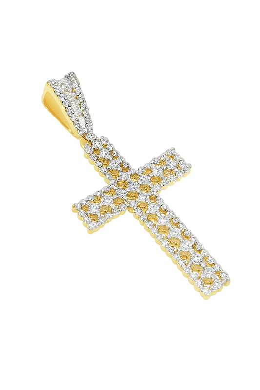 10K Yellow Gold Diamond Cross Pendant with Fancy Round Cut Diamonds 3.25 ctw