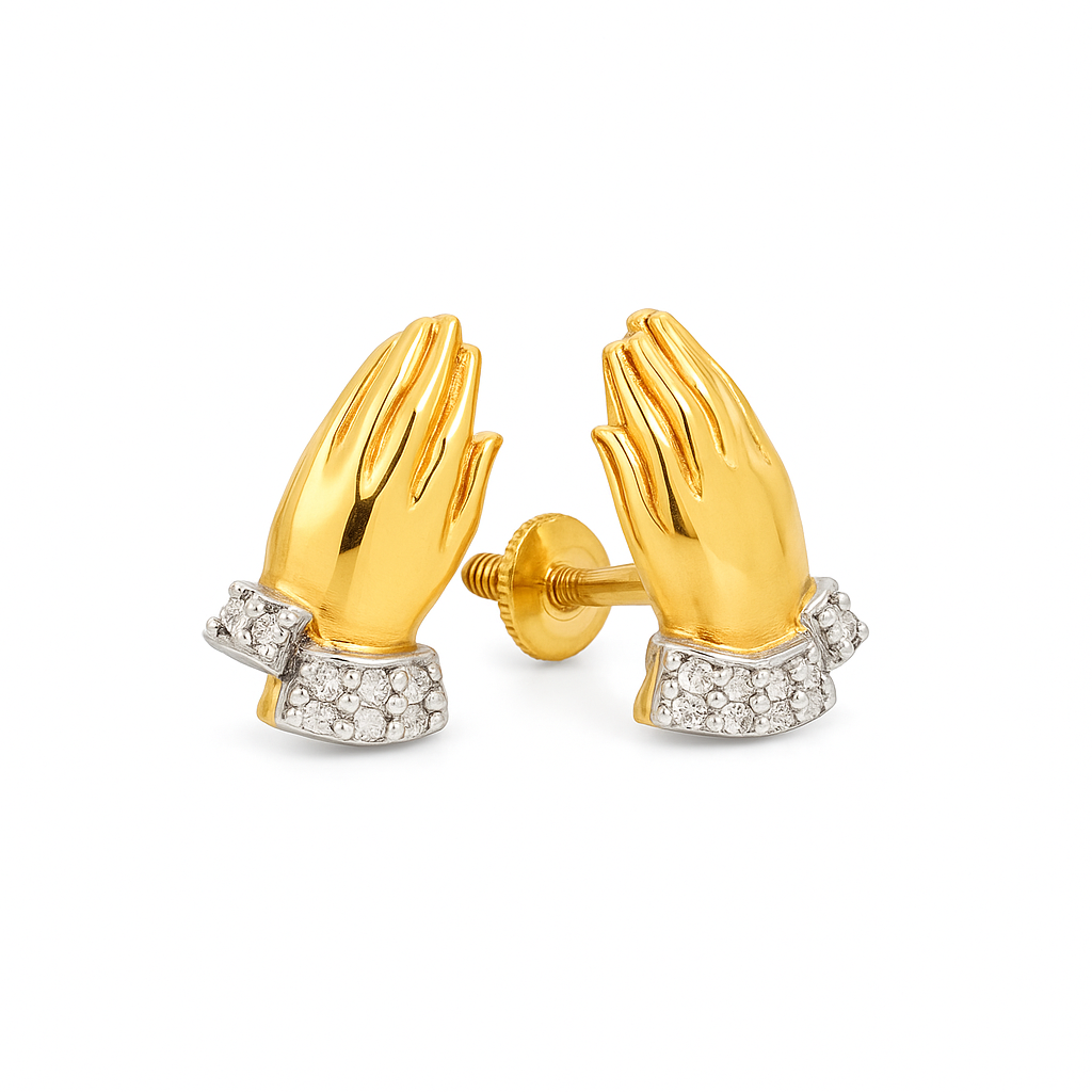 10K Yellow Gold Diamond Praying Hands Earrings | 1/12 CTW Faith-Inspired Studs