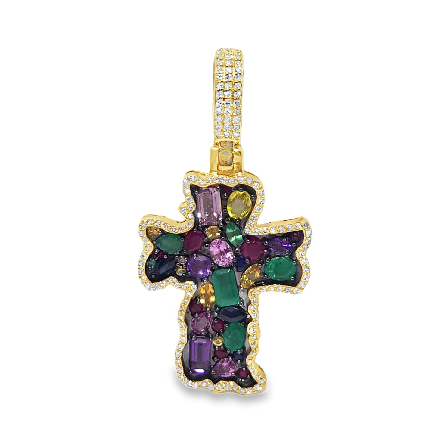 10K Yellow Gold Multi-Gemstone Diamond Cross Pendant 3.50ctw