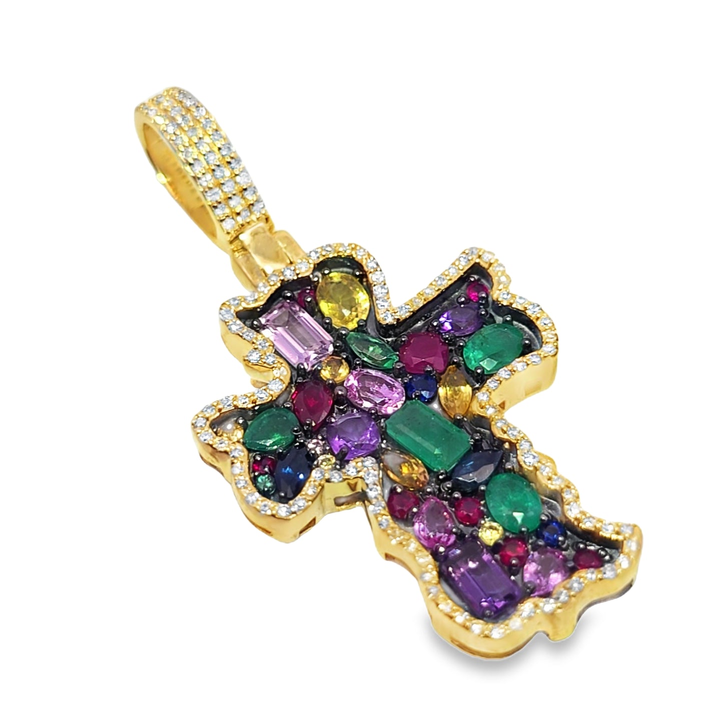10K Yellow Gold Multi-Gemstone Diamond Cross Pendant 3.50ctw