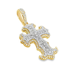 10K Yellow Gold Baguette & Round Diamond Cross Pendant 1.50ctw