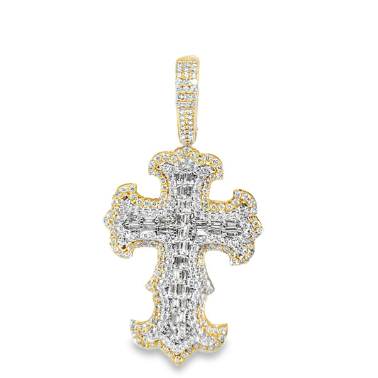 10K Yellow Gold Baguette & Round Diamond Cross Pendant 1.50ctw
