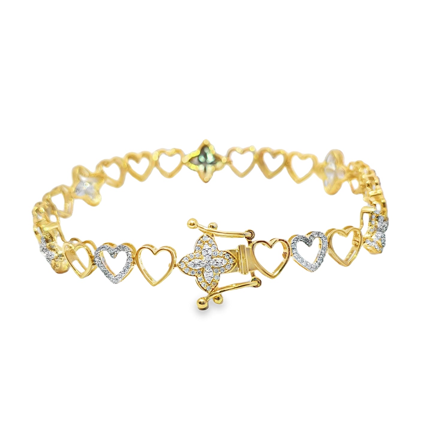 Women's Elegant Clover Heart Bracelet 0.95 ctw Diamond 10K Yellow Gold 7"