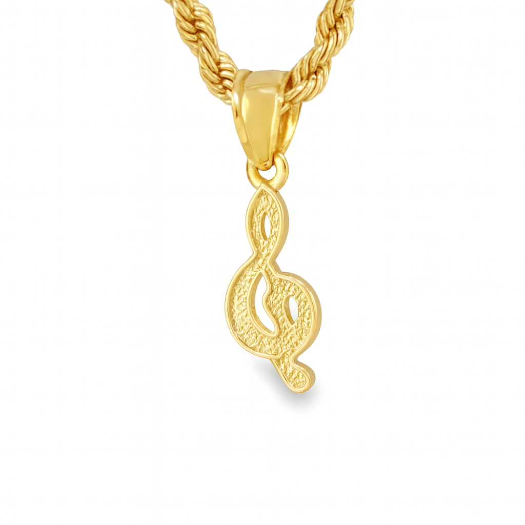 10K Yellow Gold Treble Clef Music Note Pendant w/ 20” Rope Chain Necklace