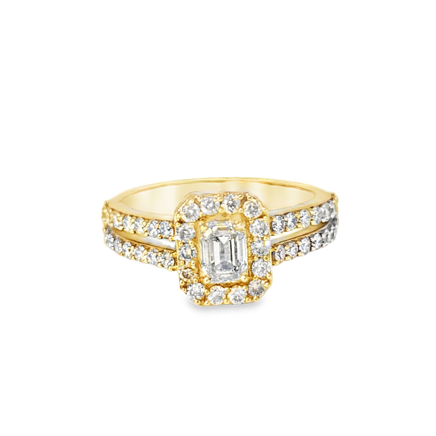 10K Yellow Gold Baguette Center Halo Set Diamond Ring with Band 1.75ctw