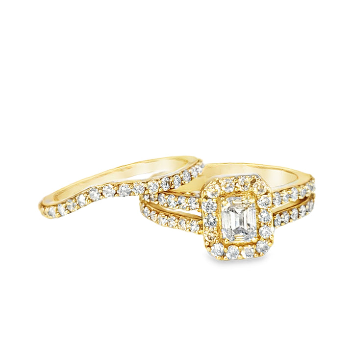 10K Yellow Gold Baguette Center Halo Set Diamond Ring with Band 1.75ctw