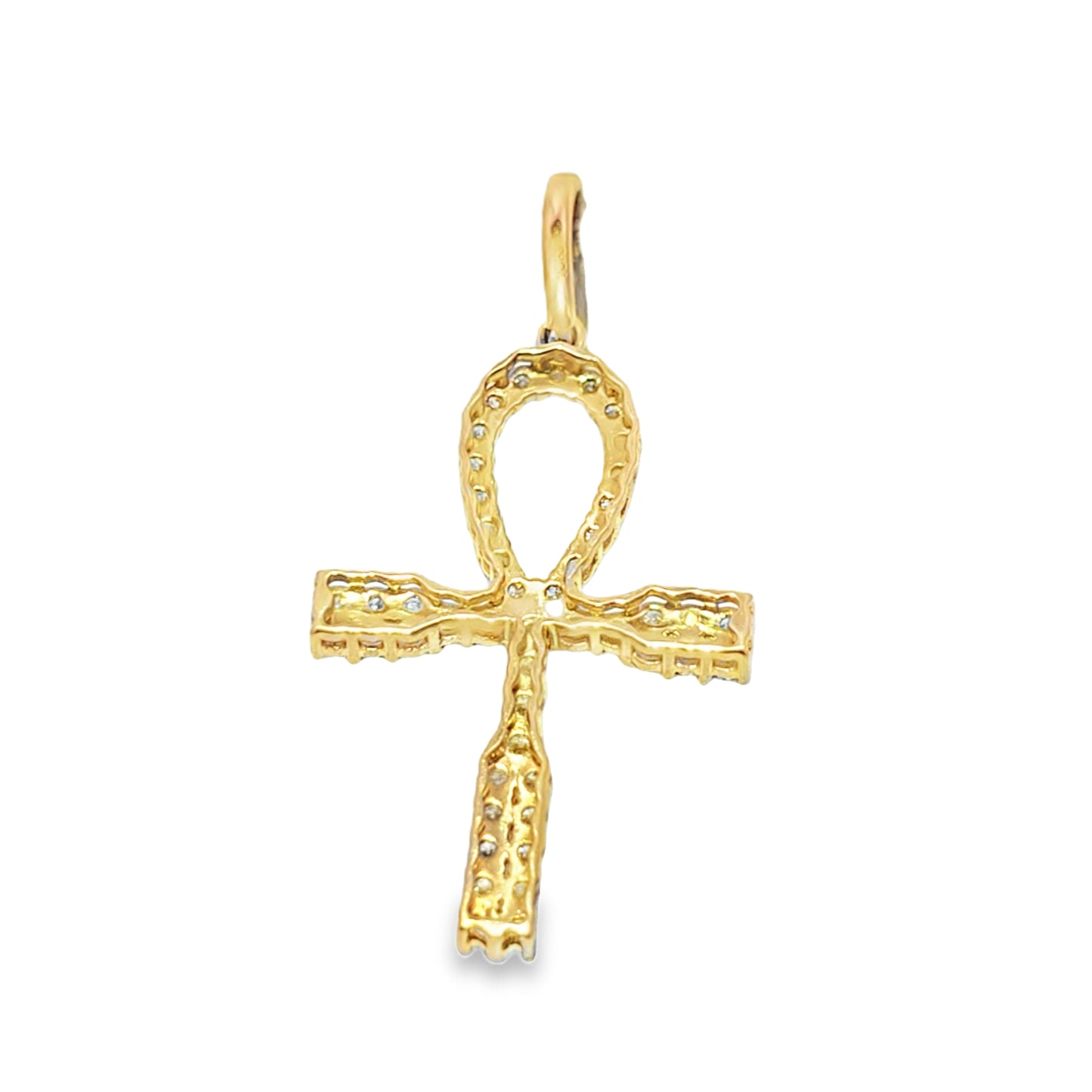 10K Yellow Gold Diamond One Row Ankh Cross Pendant 1.25 ctw
