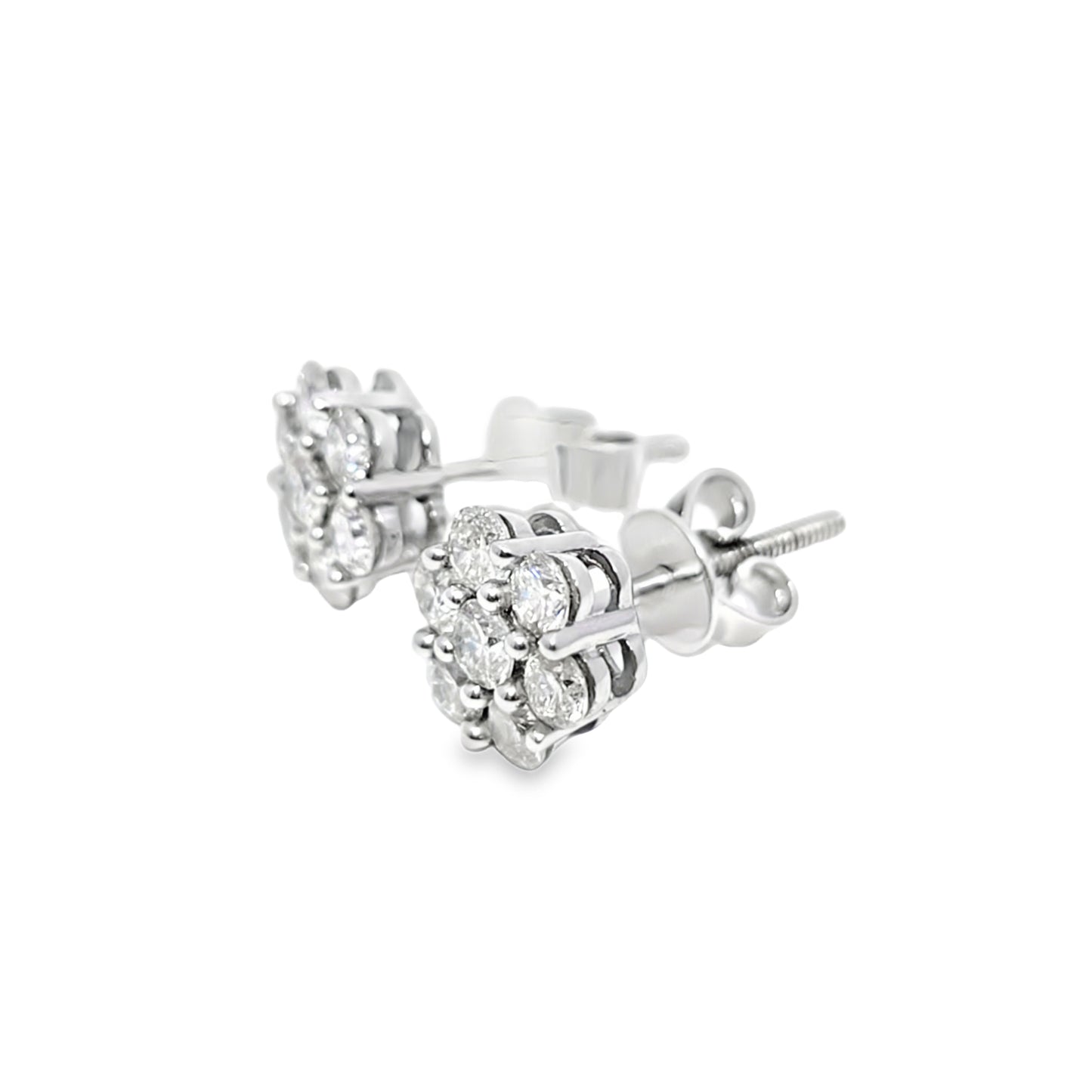 10K White Gold 0.88 ctw Diamond Flower Earrings | Halo Cluster Studs | Jewelry Palace